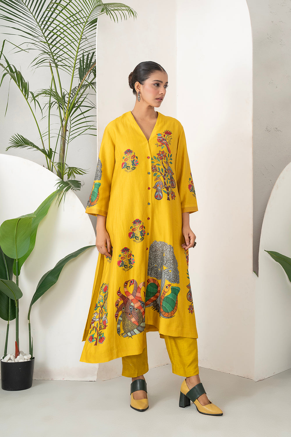Yellow Silk Chanderi Front Open Striking Bird And Floral Printed Dress Set (3 PCS)