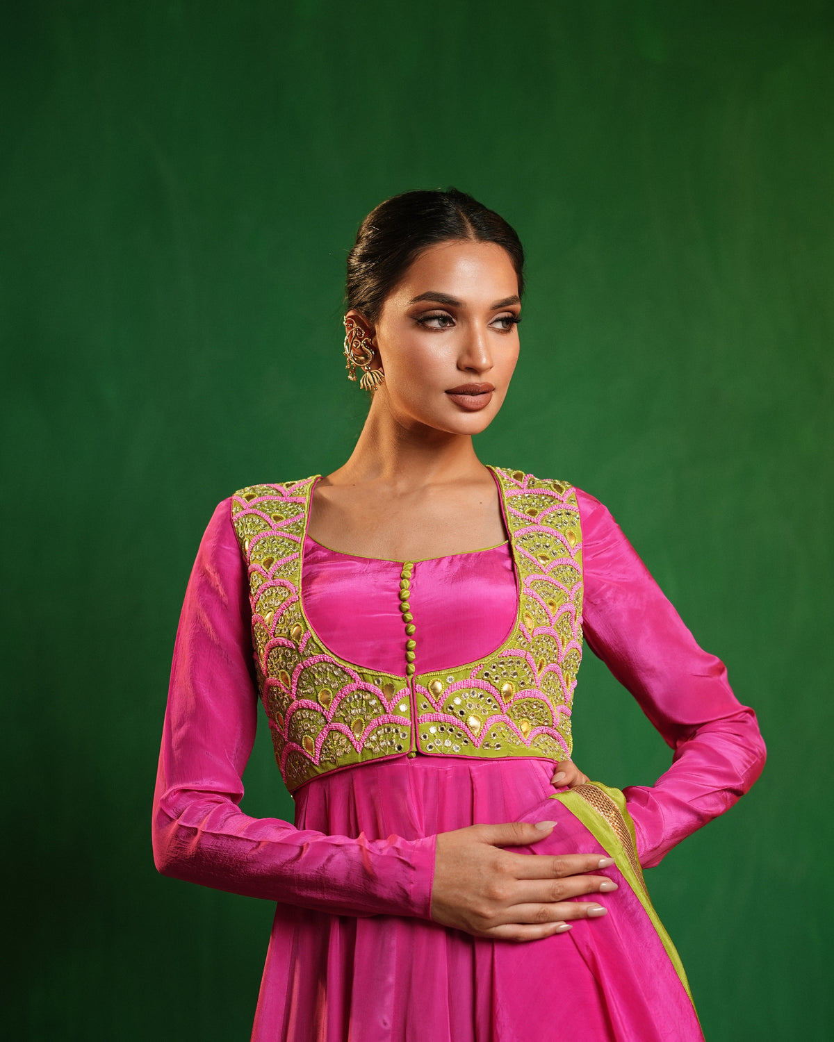 Fuschia Pink - Lime Green Heavy Anarkali Set (Set of 4)