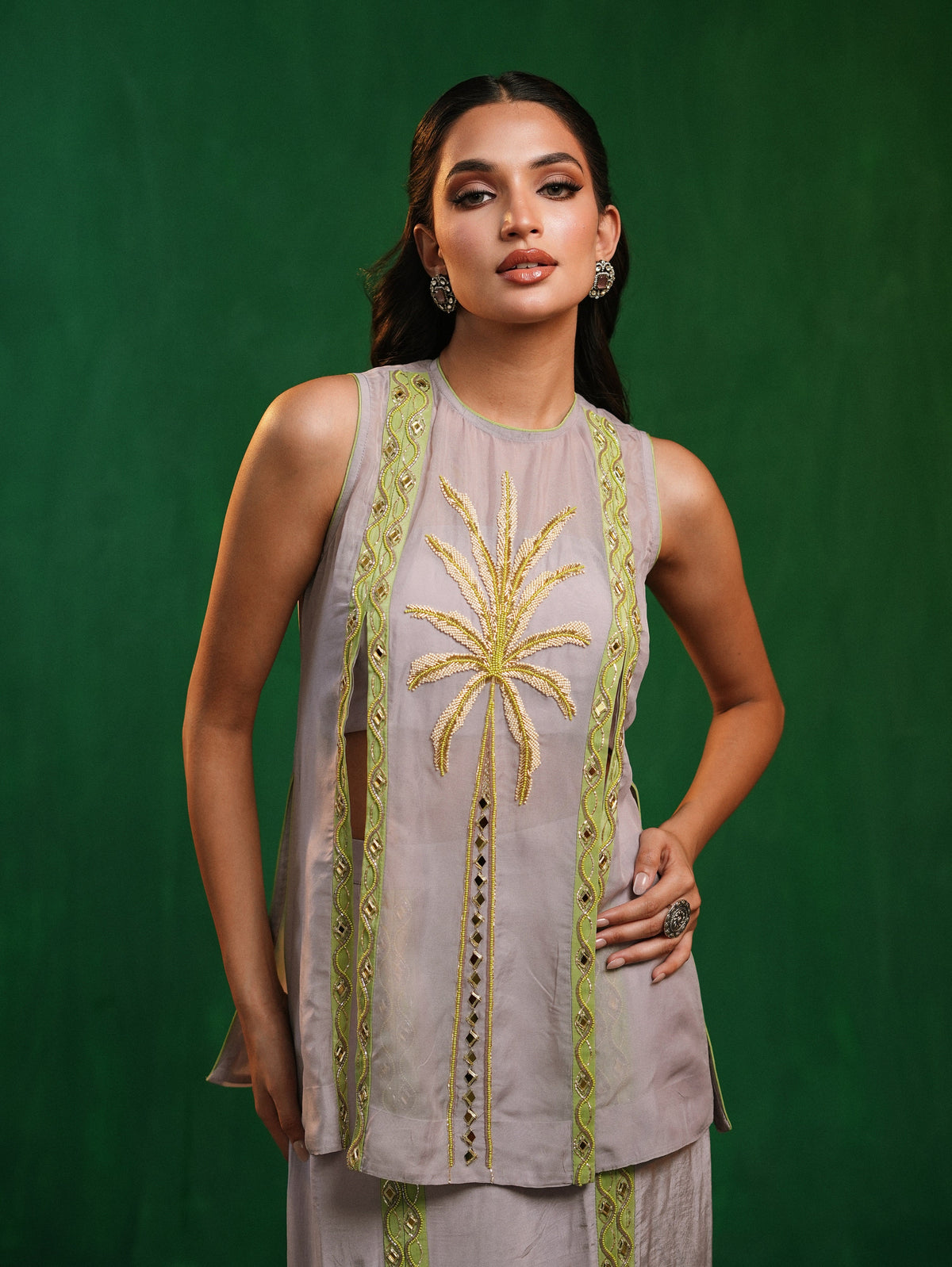 Lilac-Lime Green Organza Indo Set  (Set of 3)