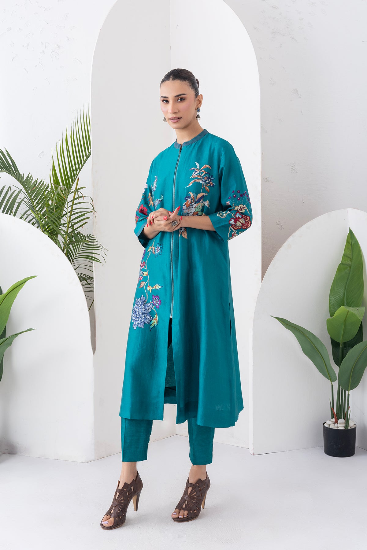 Emerald Silk Chanderi Floral Printed Front Open Dress (1 PC)