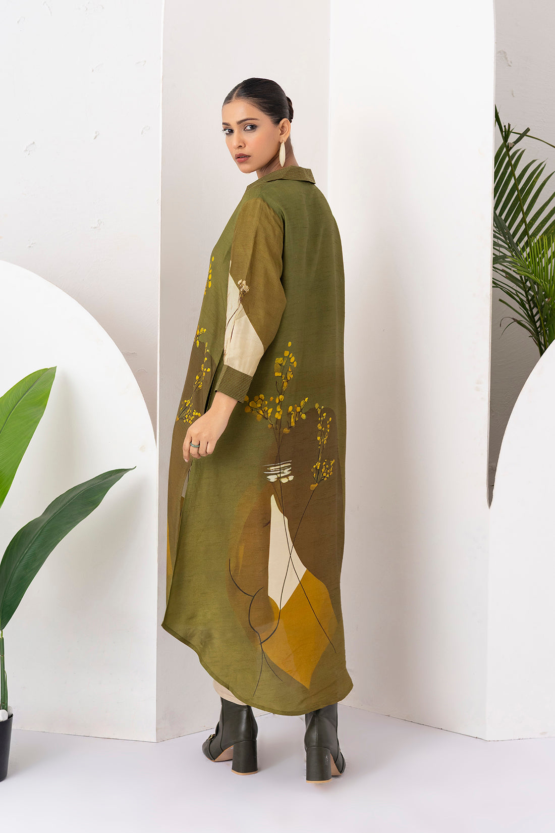 Moss Green Shaded Viscose Dupion Printed Dress  (1 PC)