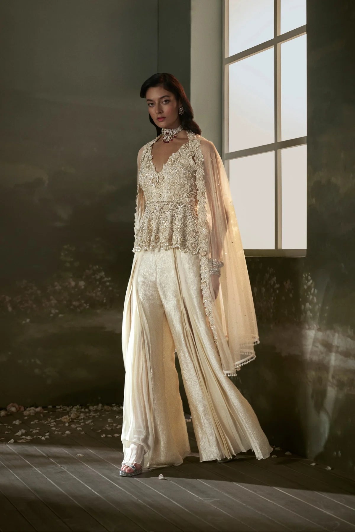Cream peplum top and Sharara set