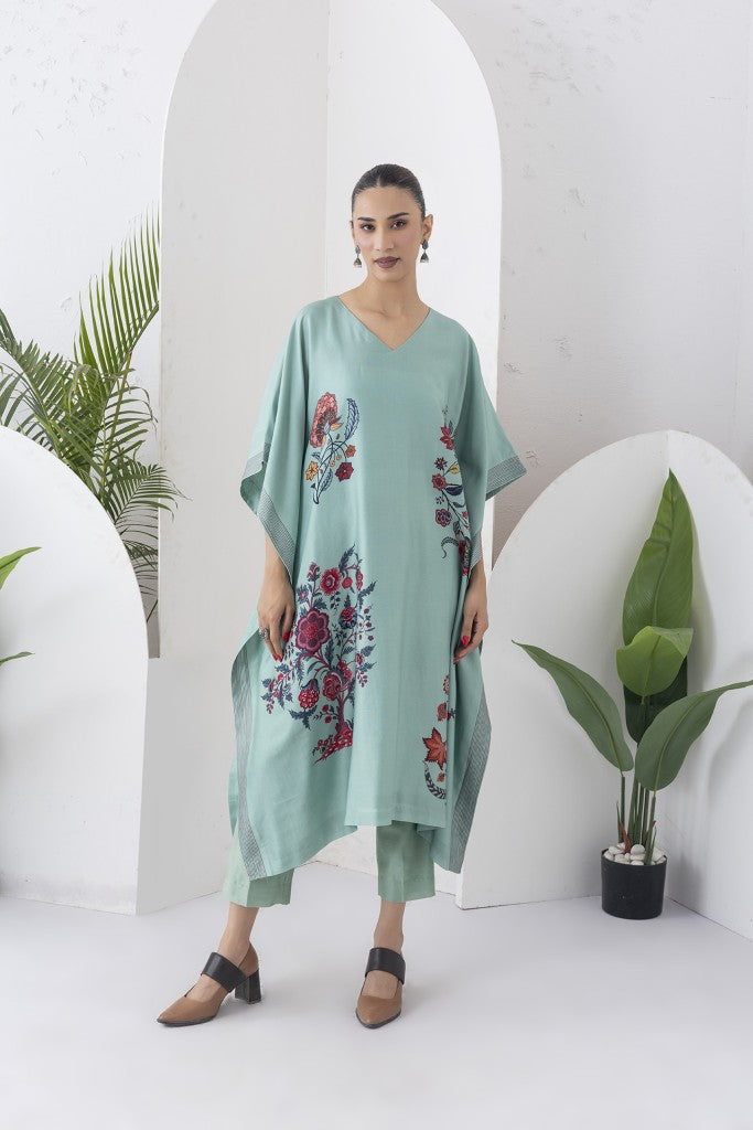 Mint Silk Chanderi Chintz Printed Kaftan (1 PC)