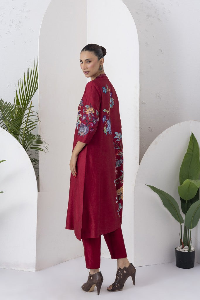 Maroon Silk Chanderi Floral Printed Front Open Dress (1 PC)