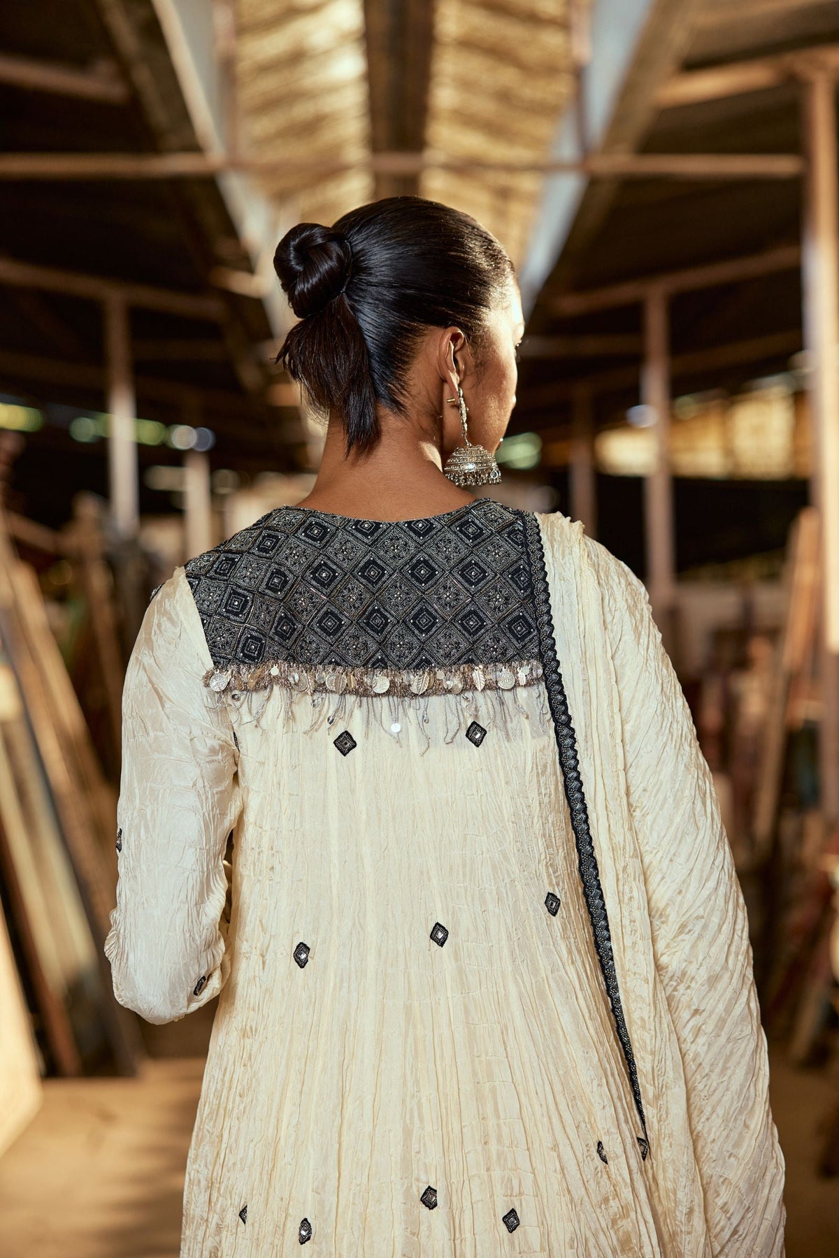 BEIGE CRUSH OPEN ANARKALI WITH KURTA AND CHURIDAR