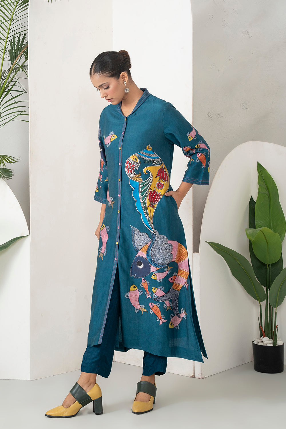 Indigo Silk Chanderi Playful Aquatic Motif Printed Dress Set (3 PCS)