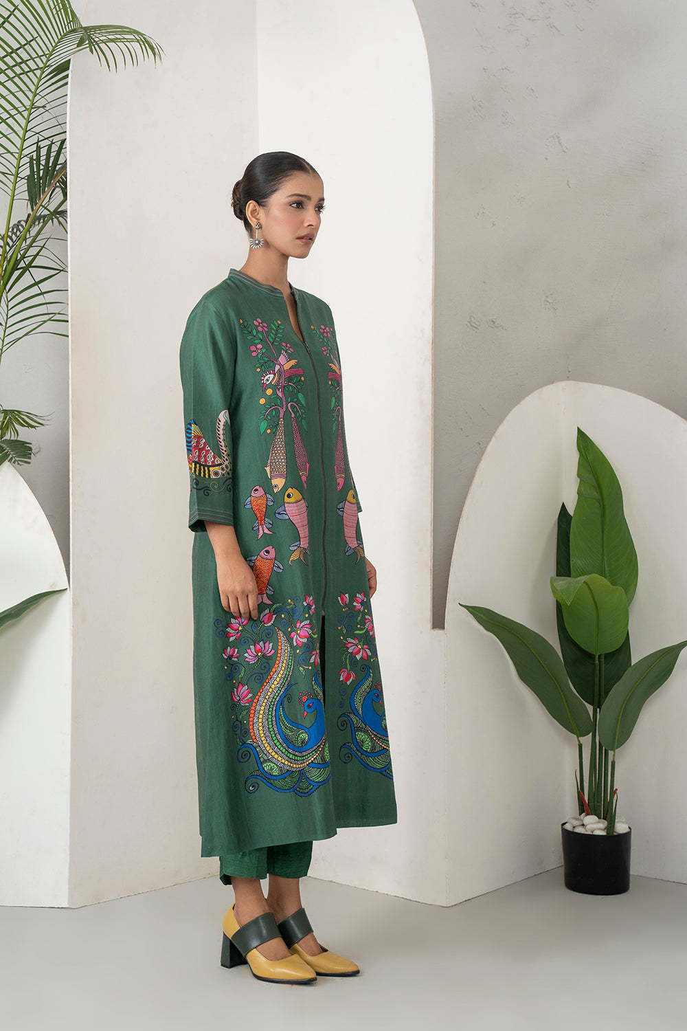 Emerald Silk Chanderi Peacocks And Fish Motifs Printed Dress Set (3 PCS)