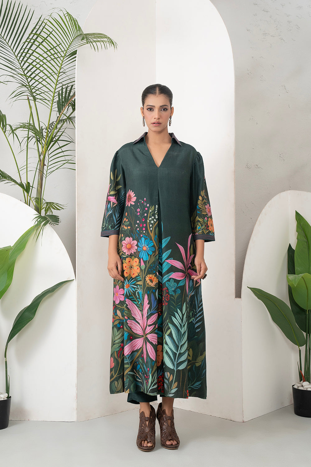 Dark Green Silk Chanderi Vibrant Multicolour Floral Printed Dress Set (2 PCS)