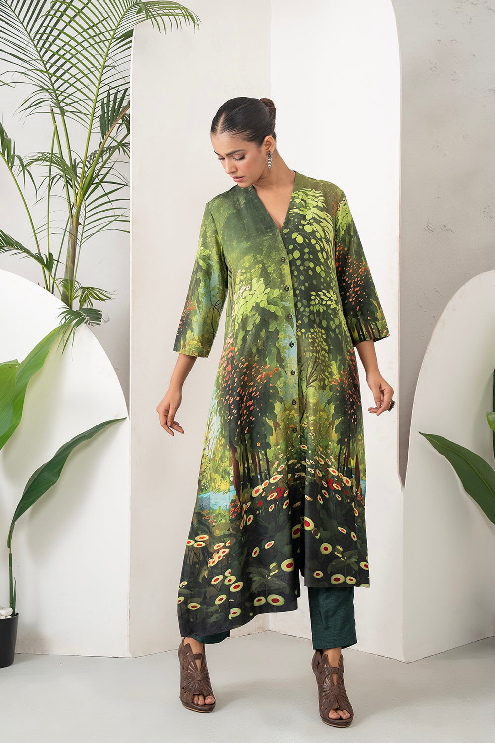 Shades Of Green Silk Chanderi Front Open Nature Inspired Printed Dress Set (2 PCS)