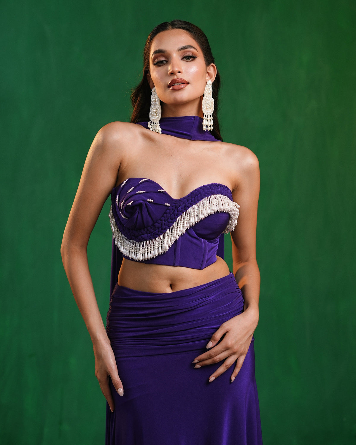 Royal Purple Drape Corset Indo Skirt Set  (Set of 3)