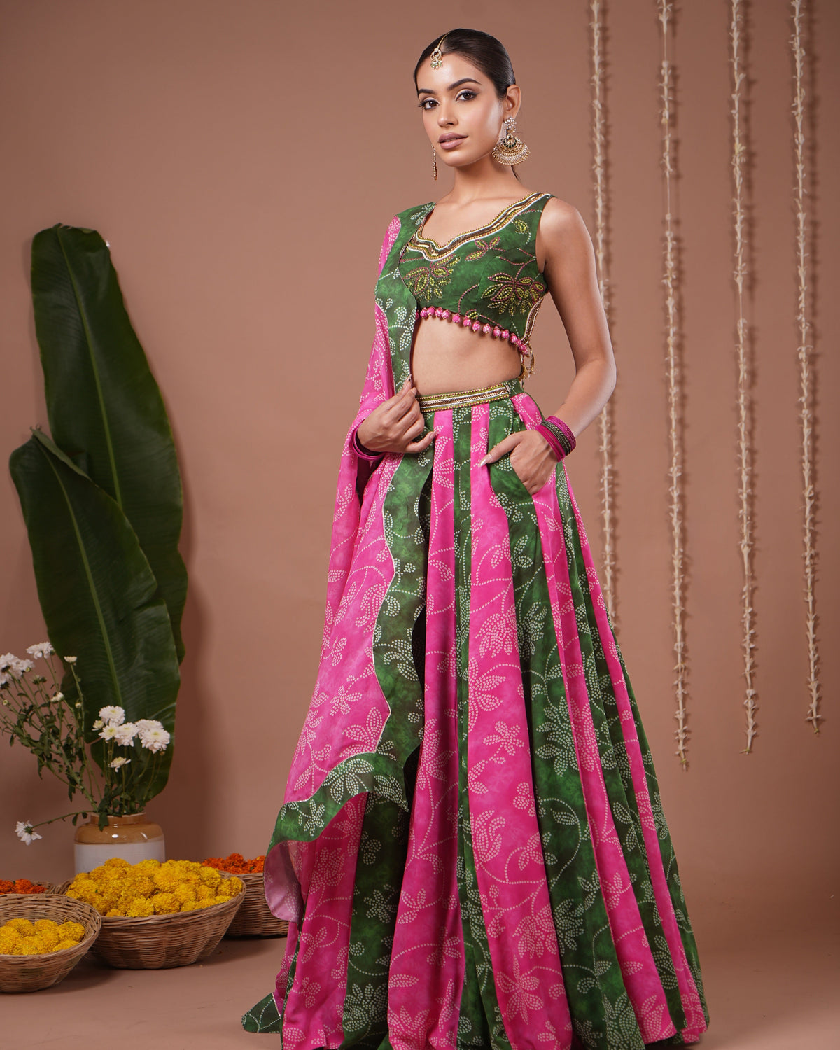 Green- Pink Bandhani Floral Printed Lehenga Set (Set of 3)