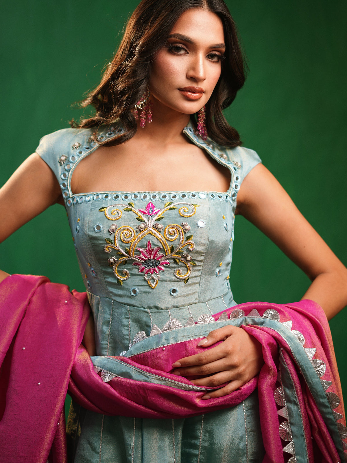 Aqua Blue Tissue Silk Heavy Anarkali Set  (Set of 3)