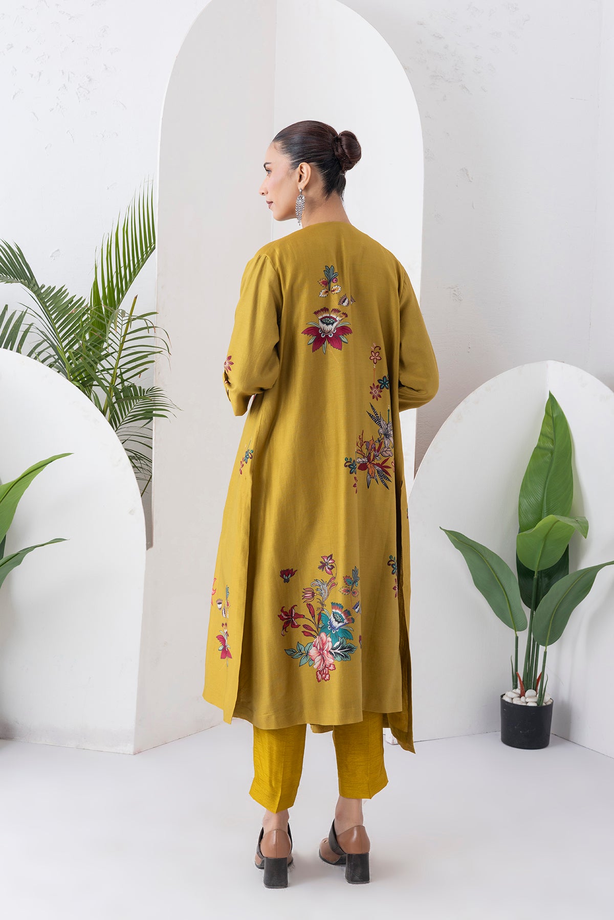 Mustard Silk Chanderi Printed High-Low Dress (1 PC)