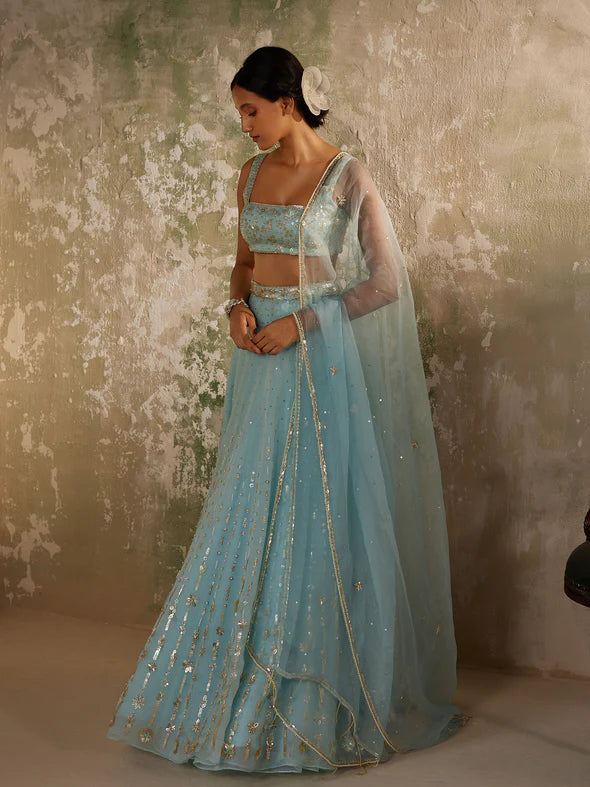 BLUE ORCHID SILK ORGANZA LEHENGA SET