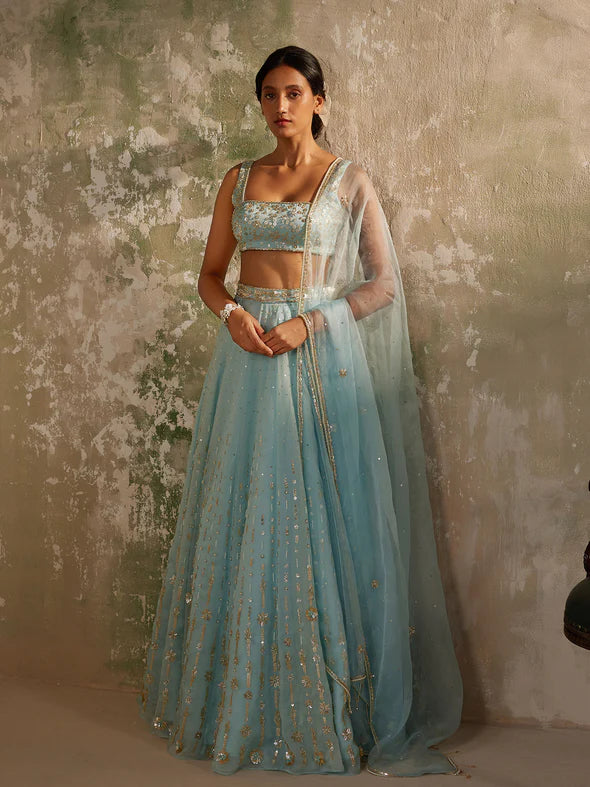 BLUE ORCHID SILK ORGANZA LEHENGA SET