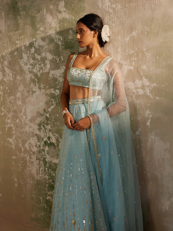 BLUE ORCHID SILK ORGANZA LEHENGA SET