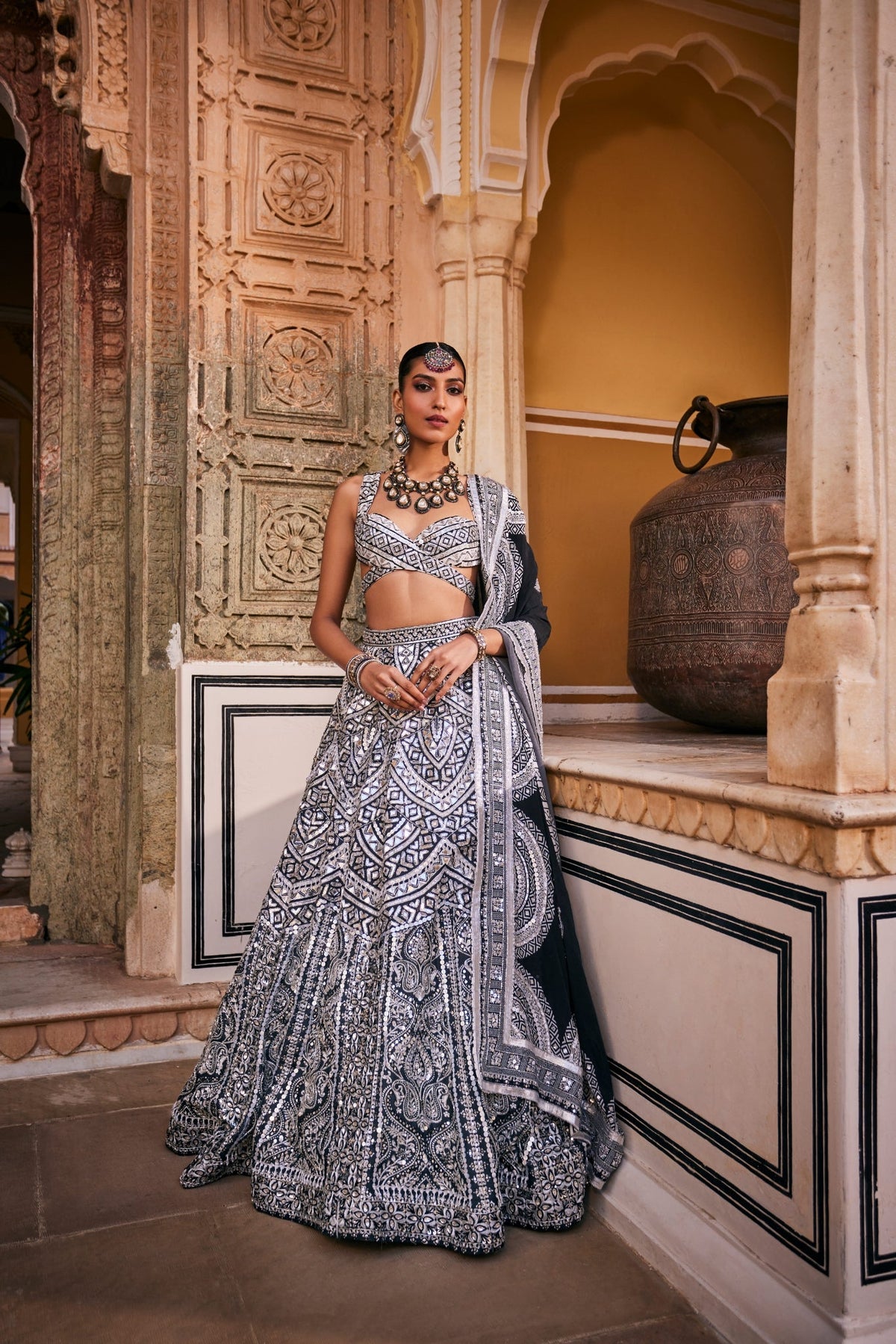 Black And White Lehenga Set With Intricate Geometric Patterns