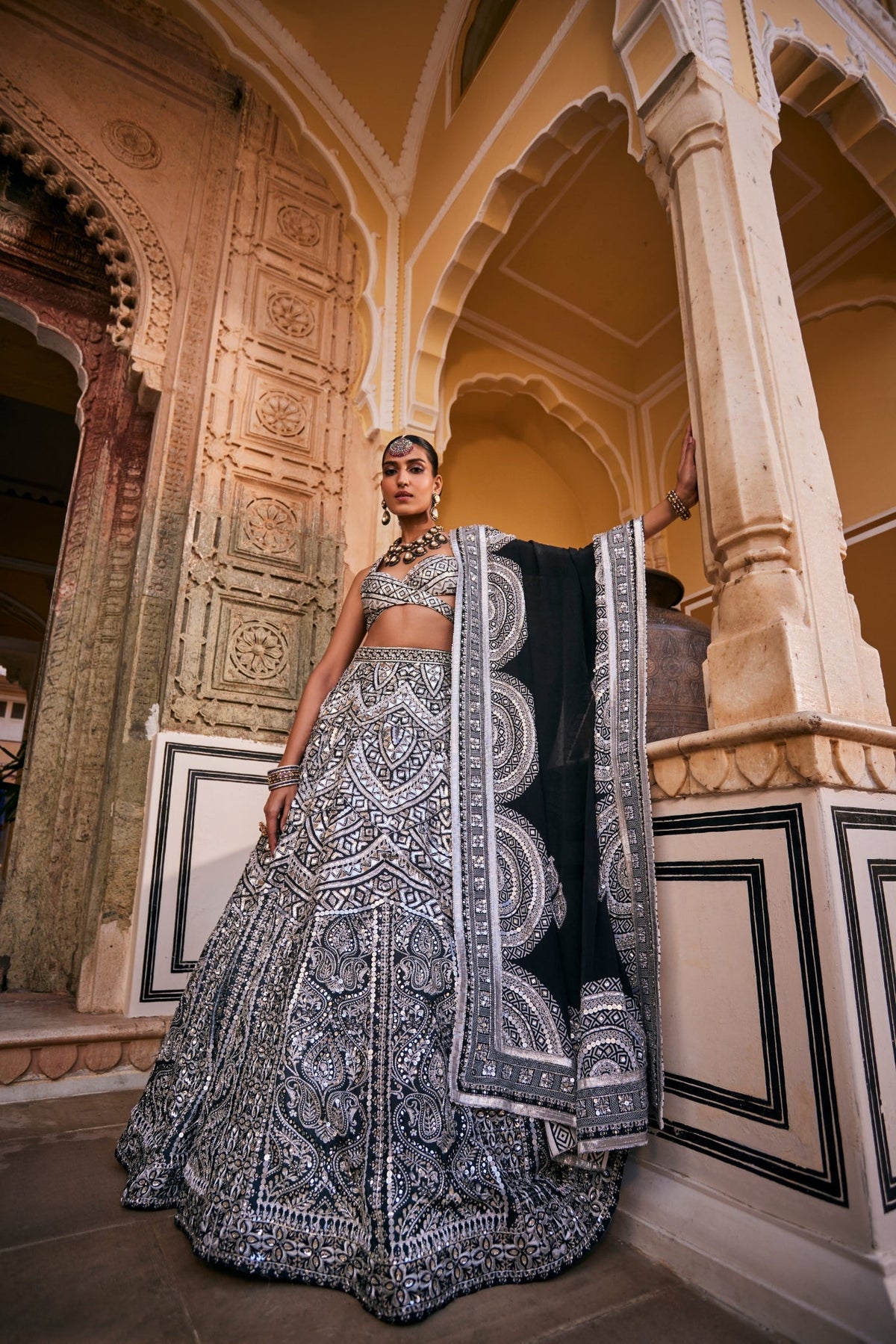 Black And White Lehenga Set With Intricate Geometric Patterns