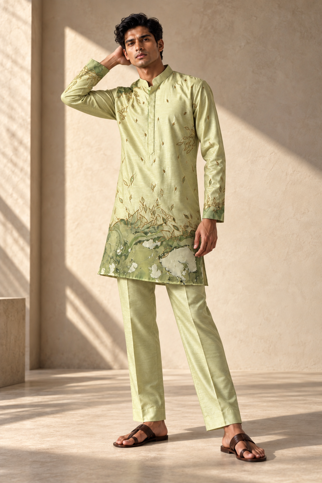 Pistachio Leaf & Marble Silk Kurta Set