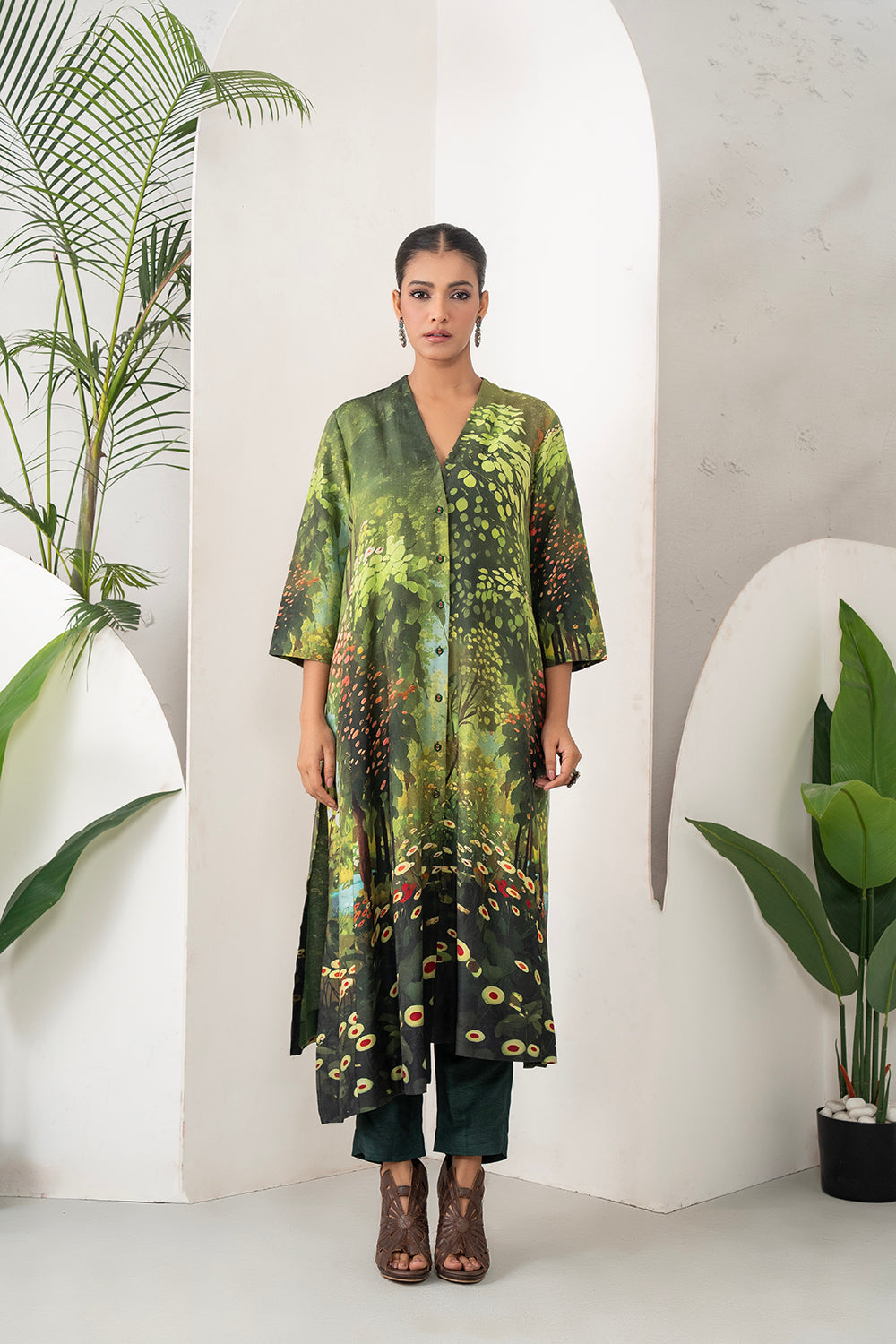 Shades Of Green Silk Chanderi Front Open Nature Inspired Printed Dress Set (2 PCS)