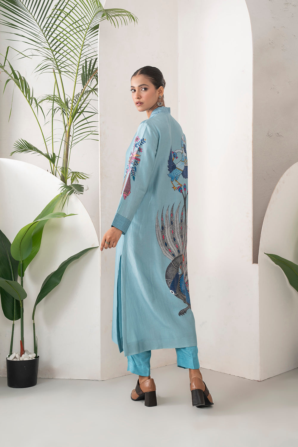 Sky Blue Silk Chanderi Striking Peacock Illustration Printed Tunic Set (2 PCS)