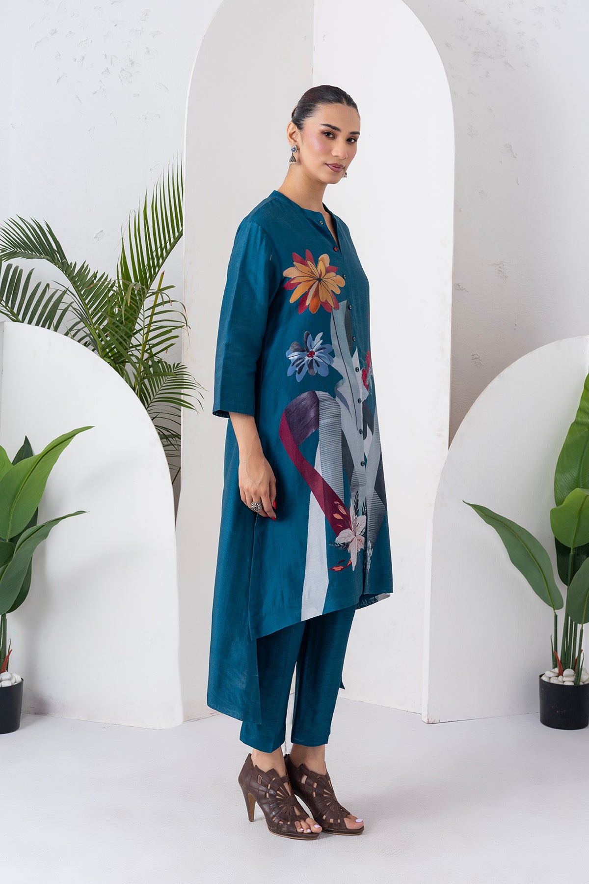 Indigo Silk Chanderi Printed High-Low Dress (1 PC)