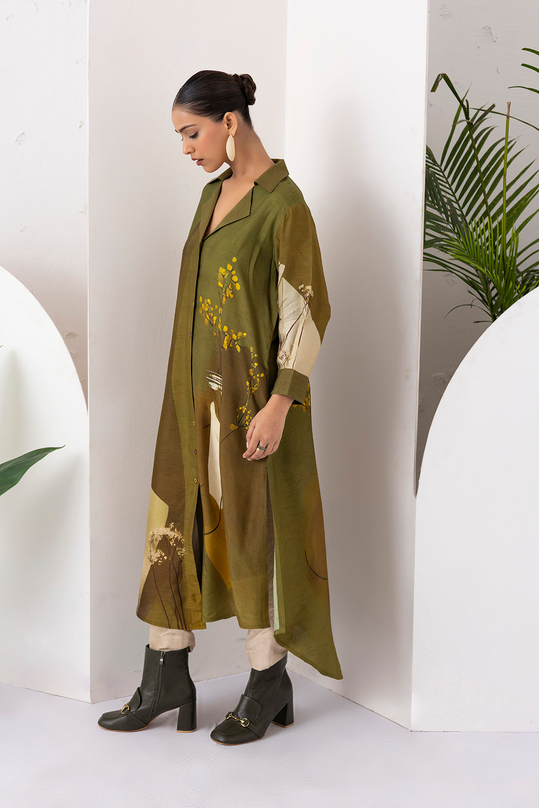 Moss Green Shaded Viscose Dupion Printed Dress  (1 PC)