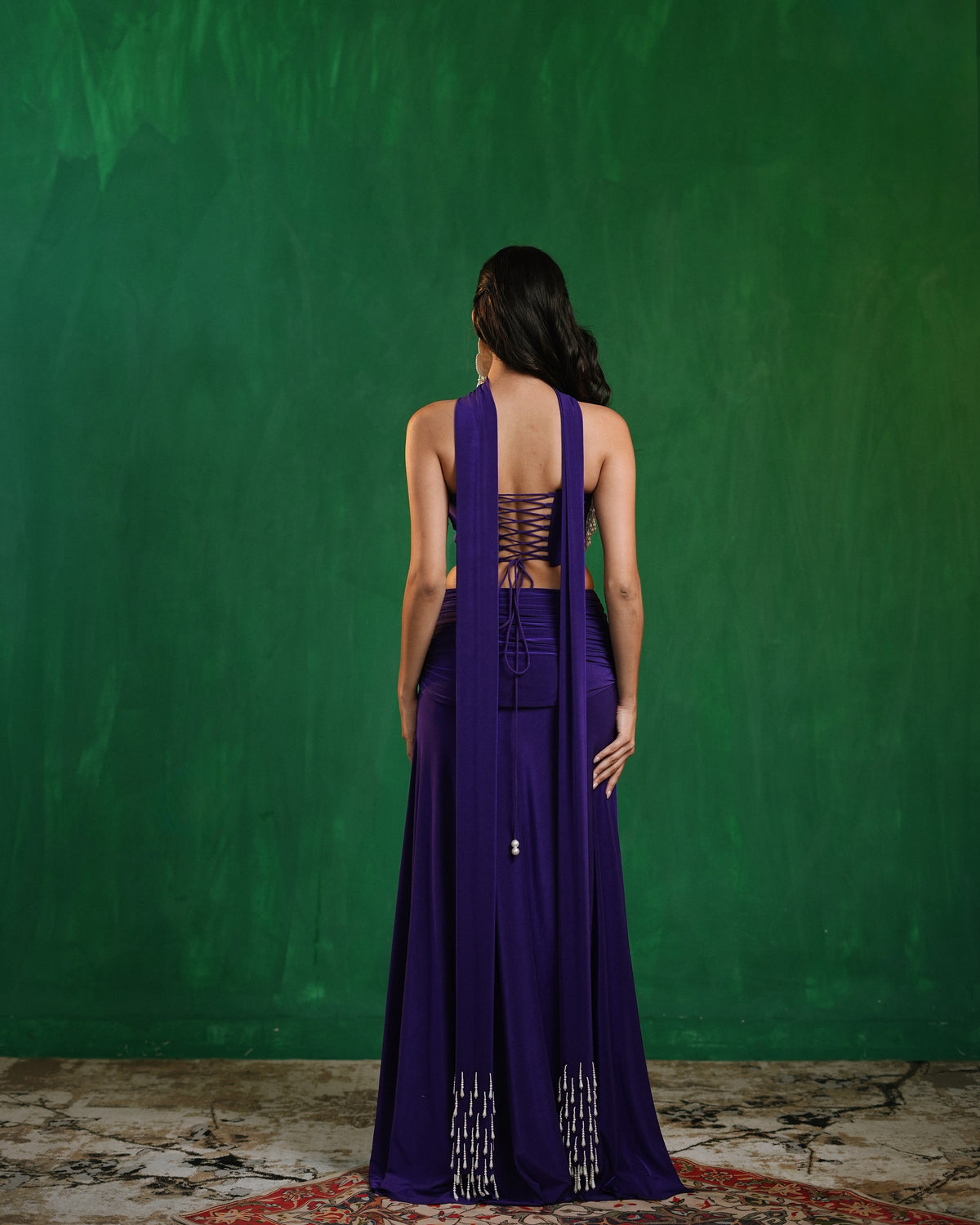 Royal Purple Drape Corset Indo Skirt Set  (Set of 3)