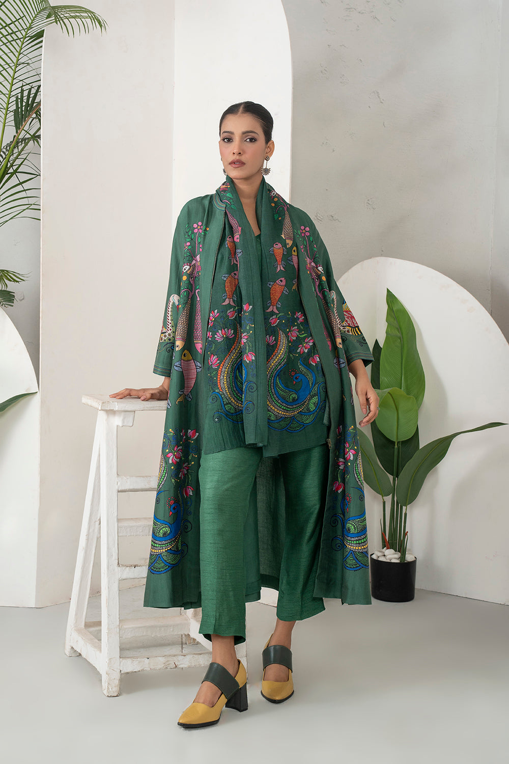 Emerald Silk Chanderi Peacocks And Fish Motifs Printed Dress Set (3 PCS)