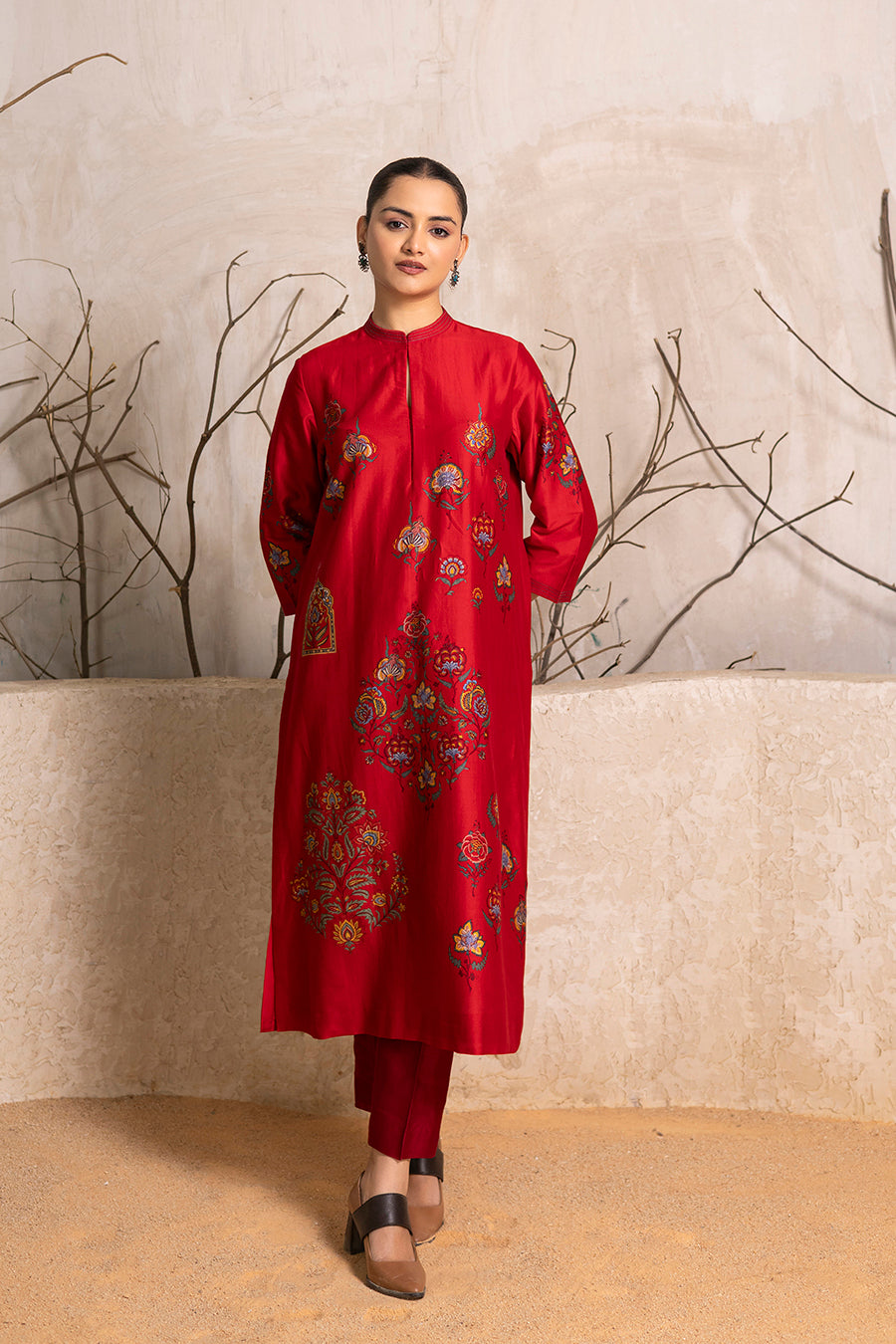 Bright Red Silk Chanderi Printed Tunic (1 PC)