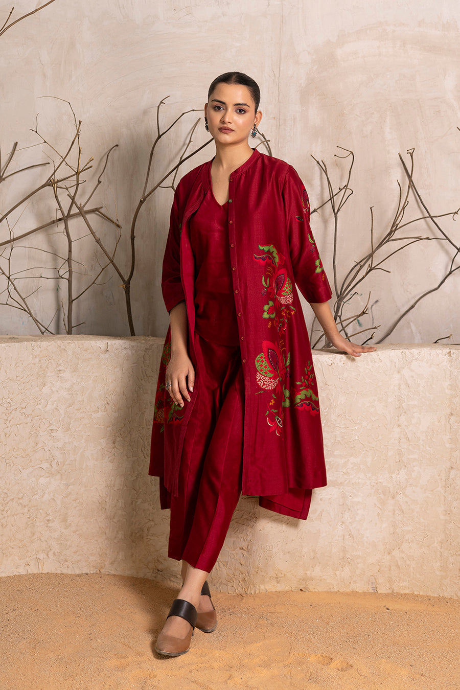 Red Silk Chanderi Printed Front Open Floral Dress (1 PC)