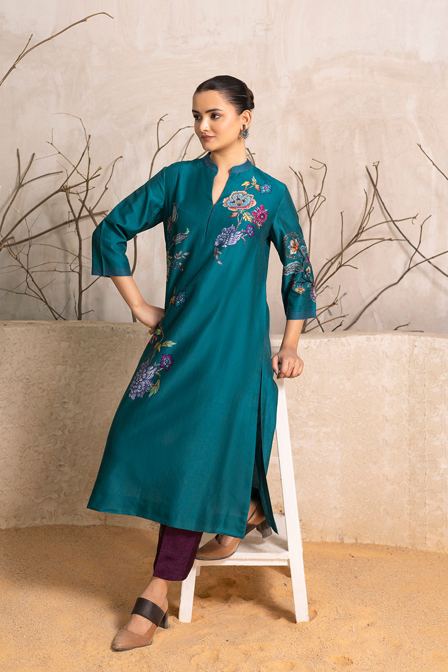Emerald Silk Chanderi Floral Printed Tunic (1 PC)