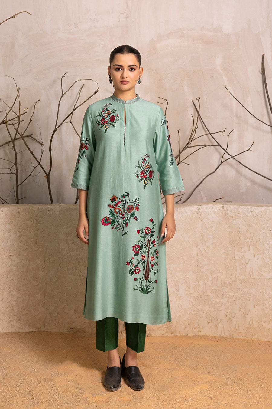 Mint Silk Chanderi Floral Boota Printed Tunic (1 PC)
