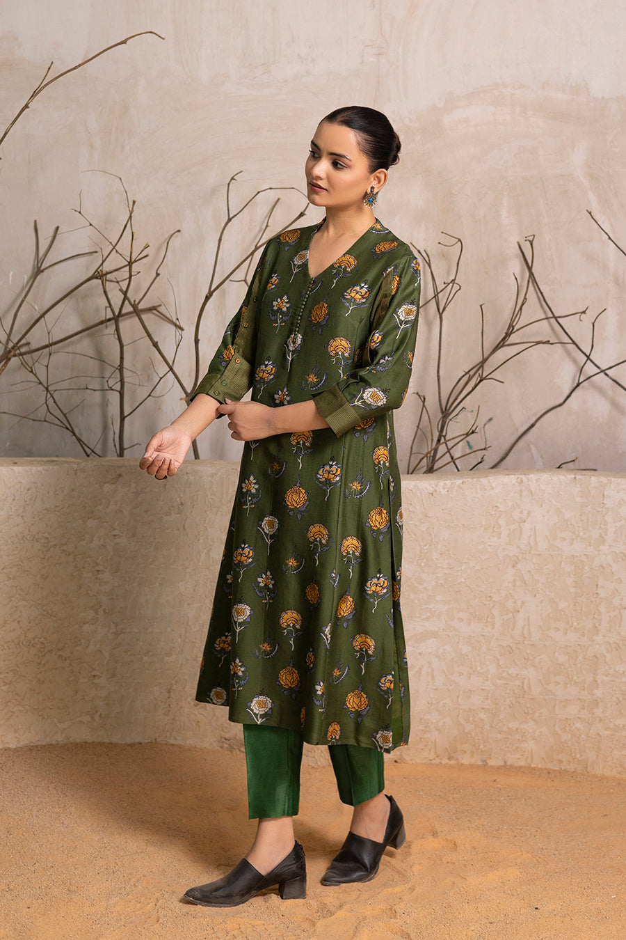 Leaf Green Silk Chanderi Printed Tunic (1 PC)