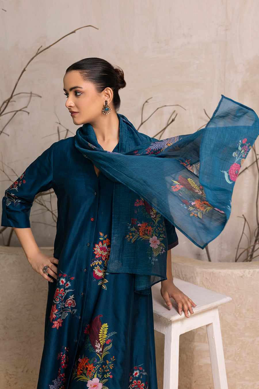 Indigo Silk Chanderi Printed Stole (1 PC)