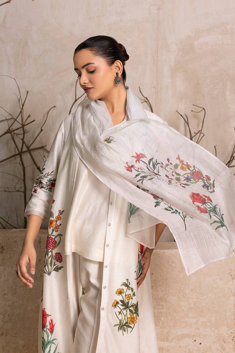 Ivory Silk Chanderi Floral Printed Stole (1 PC)