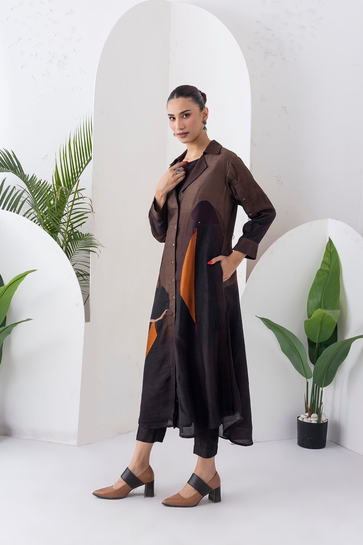 Shades Of Brown Viscose Dupion Printed Front Open Dress (1 PC)