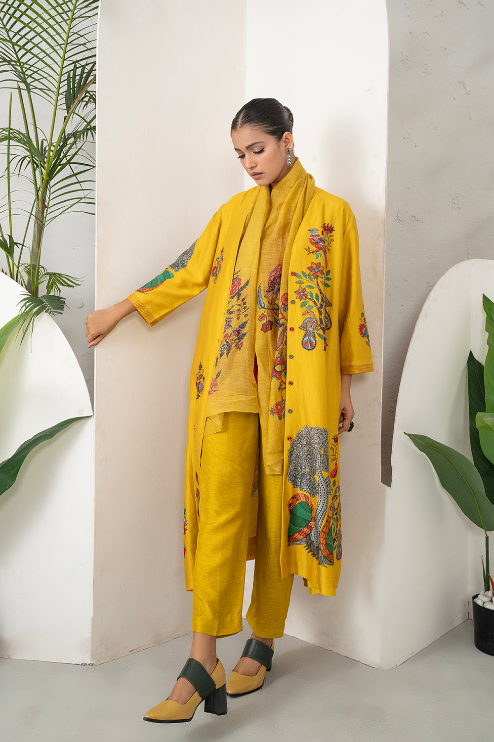 Yellow Silk Chanderi Front Open Striking Bird And Floral Printed Dress Set (3 PCS)