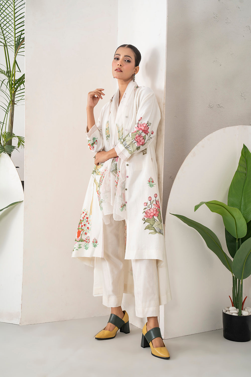 Ivory Silk Chanderi Miniature Art Printed High-Low Dress Set (3 PCS)