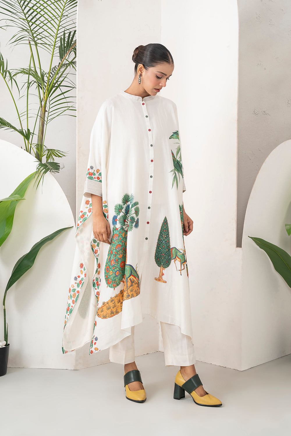 Ivory Silk Chanderi Folk Tale Printed Kaftan Set (3 PCS)