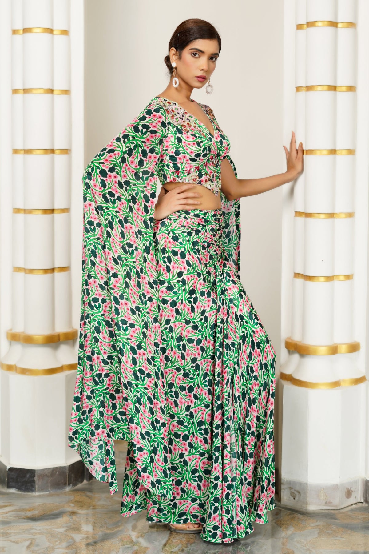 GREEN PINK FLORAL CAPE SLEEVE INDO SET (SET OF 2)