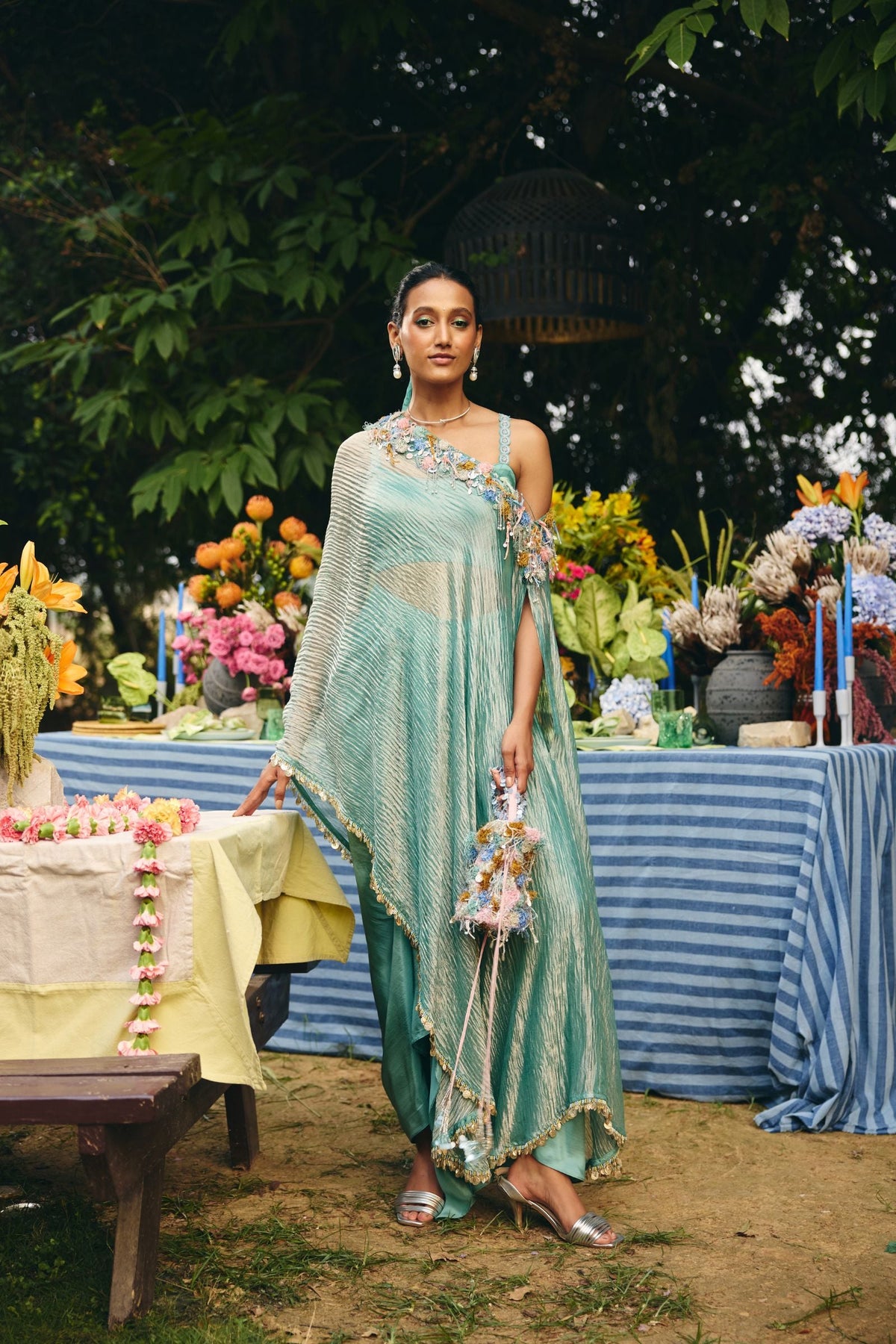 OFF SHOULDER CAPE PAIRED  DRAPED  SKIRT AND BLOUSE