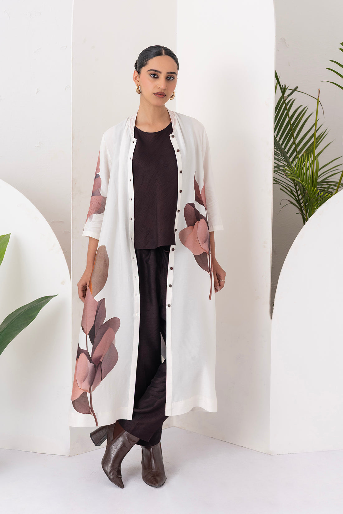 Ivory Viscose Dupion Leaf Printed Dress (1 PC)