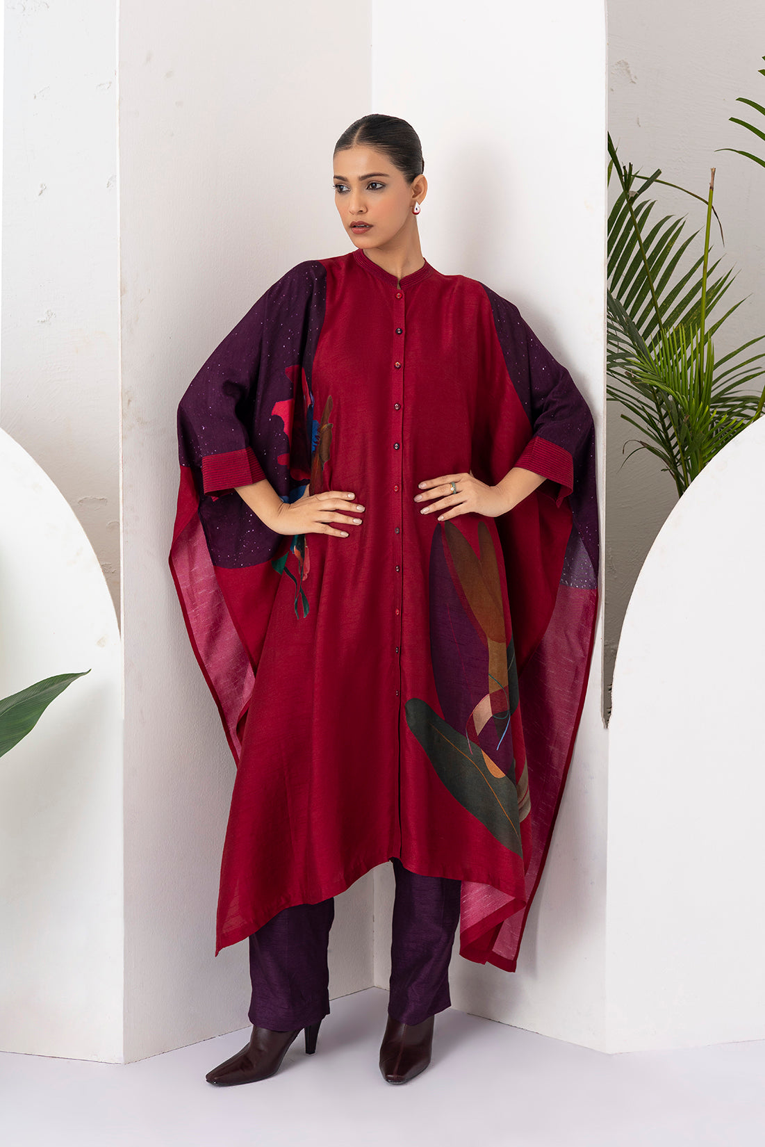 Red Viscose Dupion Printed Kaftaan Style Dress  (1 PC)