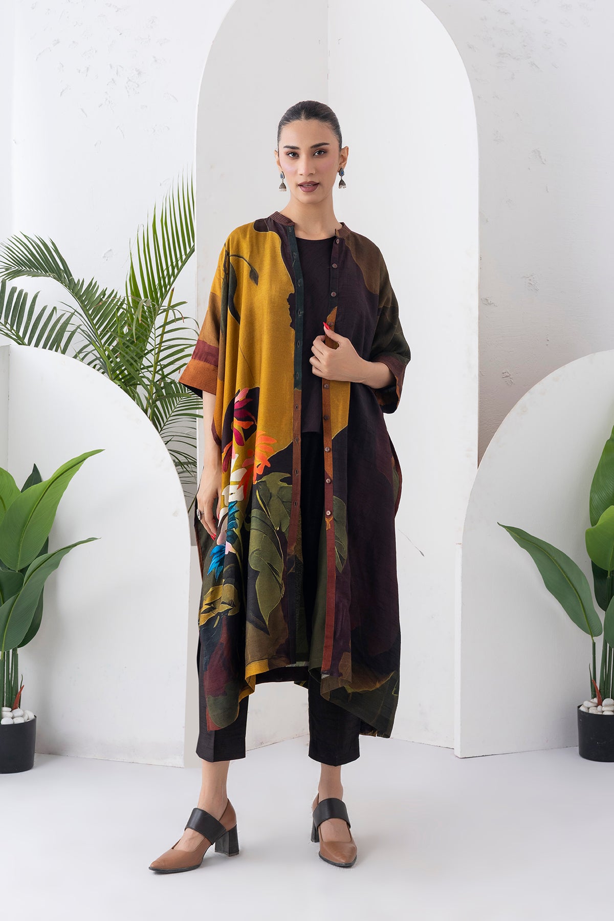 Mustard & Brown Viscose Dupion Printed Kaftan Style Dress (1 PC)