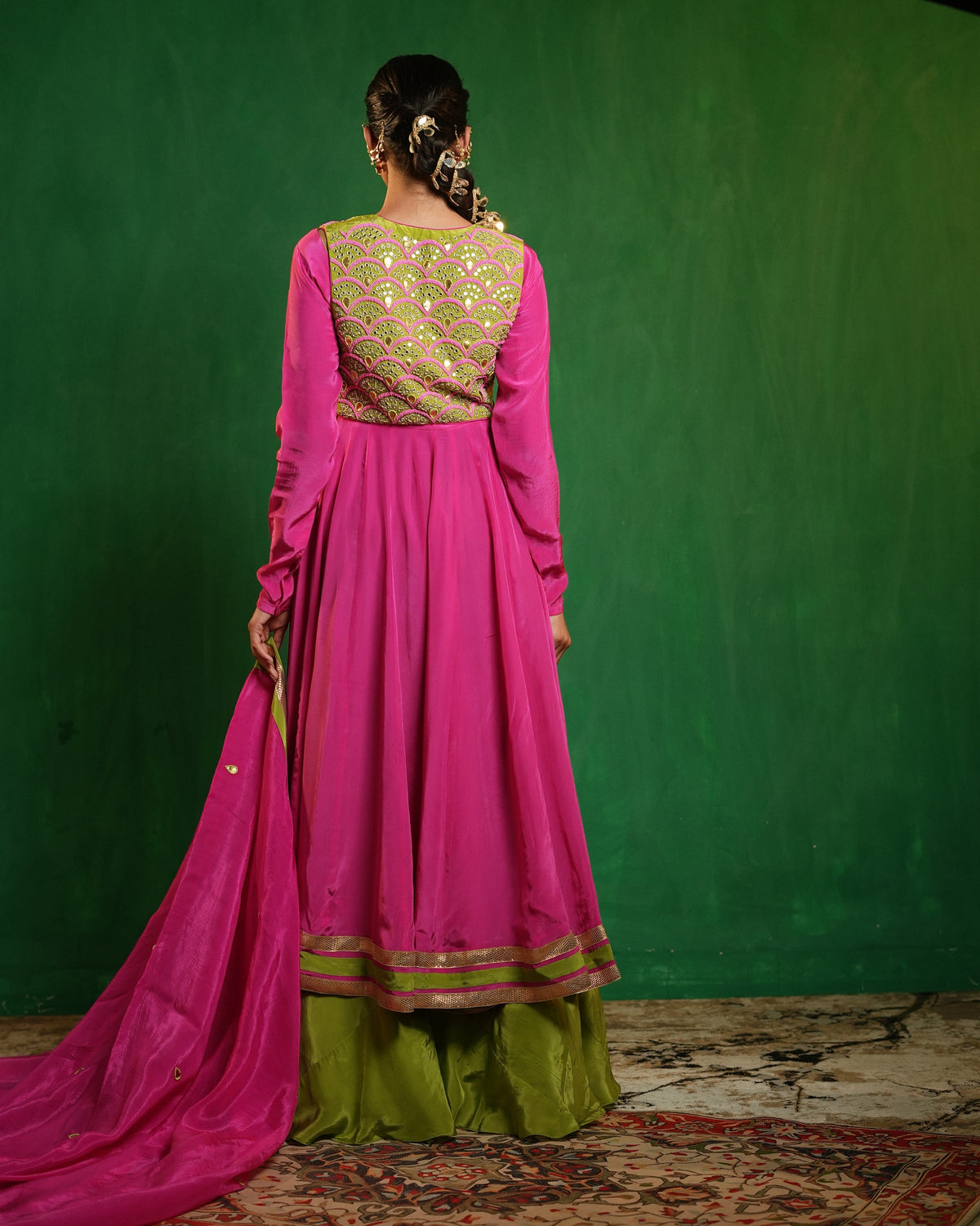 Fuschia Pink - Lime Green Heavy Anarkali Set (Set of 4)