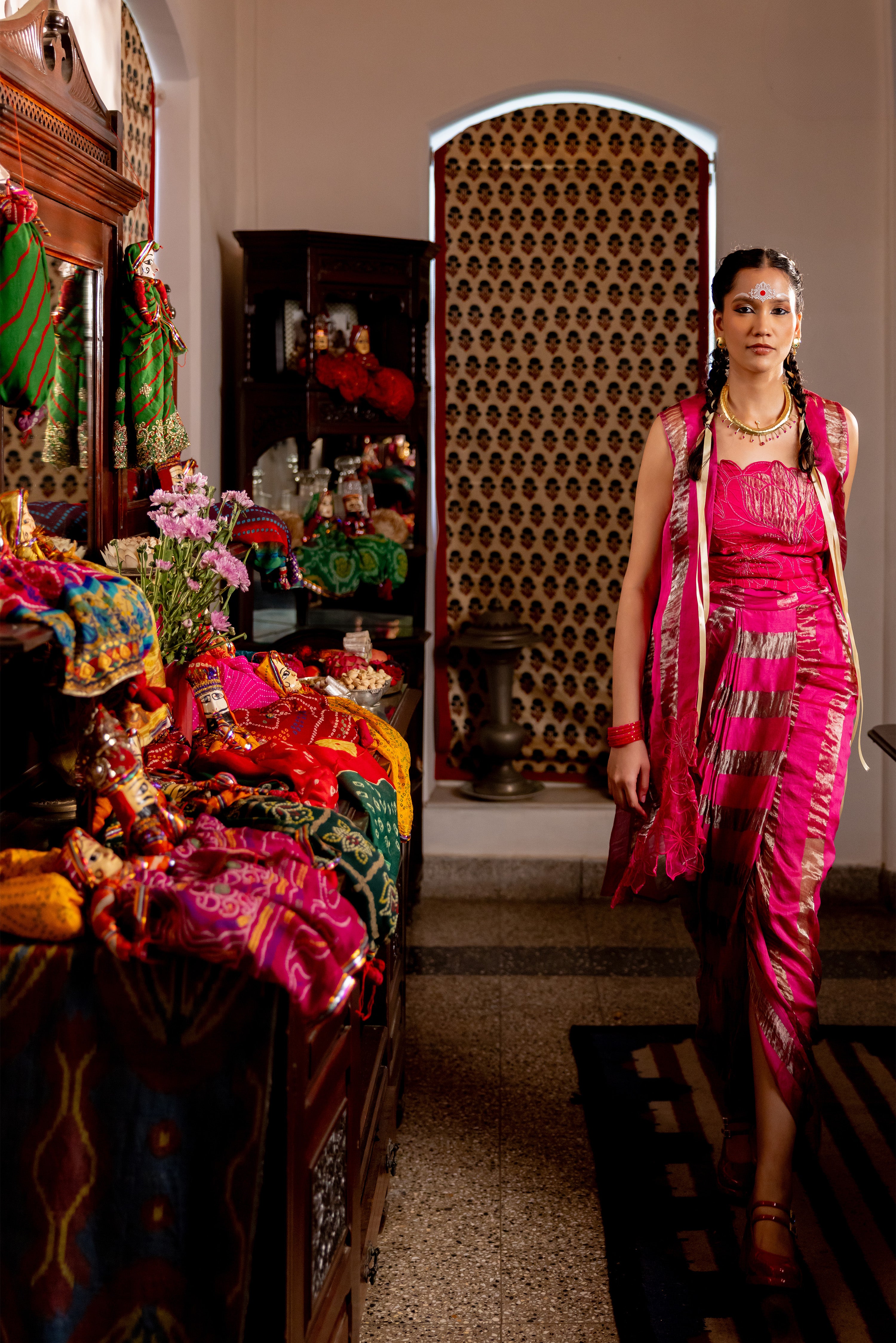HOT PINK TUBE TOP , PLEATED SKIRT, OVERLAY (Velora)
