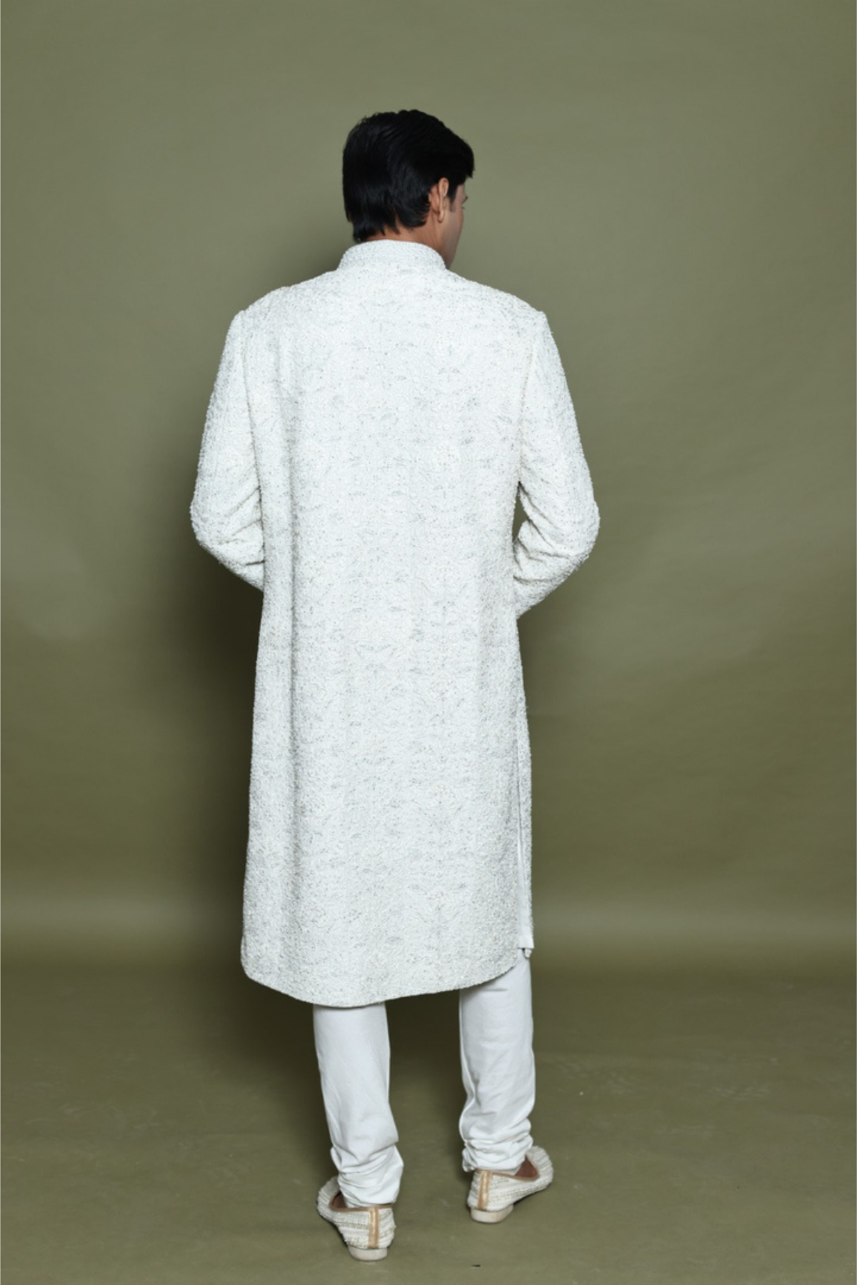 IVORY RAW SILK SHERWANI WITH KURTA & CHURIDAR