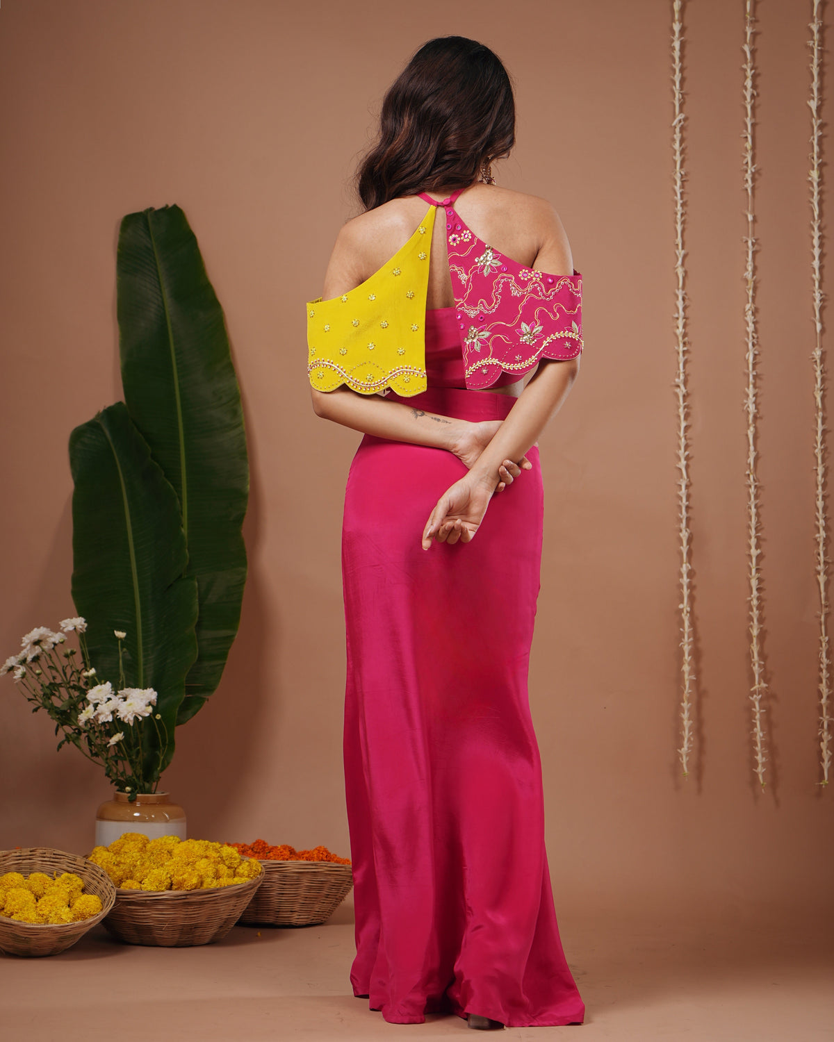Rani-Yellow Halter Neck Skirt Set (Set of 3)