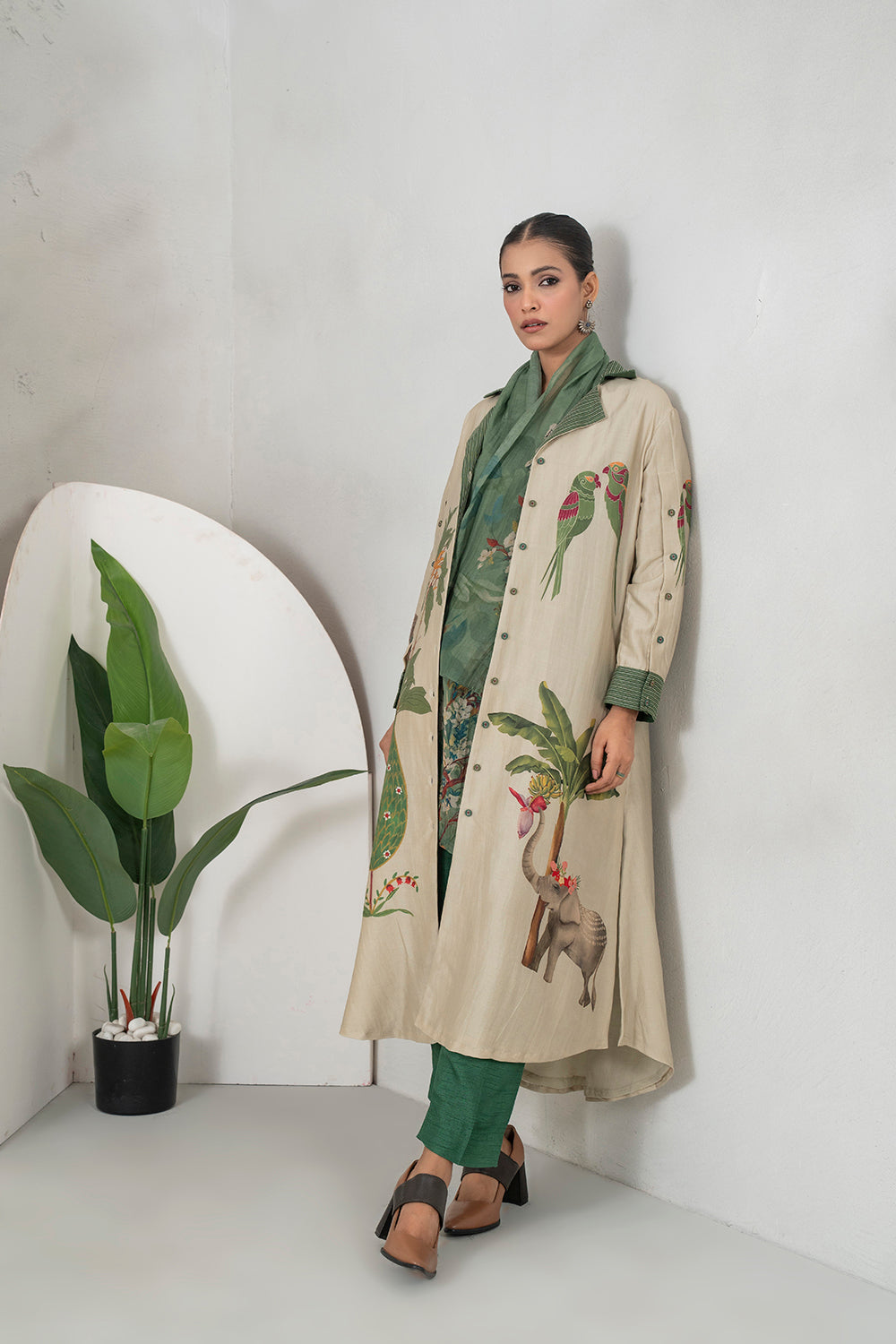 Beige Silk Chanderi Nature-Inspired Printed Dress Set (3 PCS)